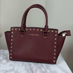 Michael Kors Burgundy Satchel with Gold Rockstud Accents
